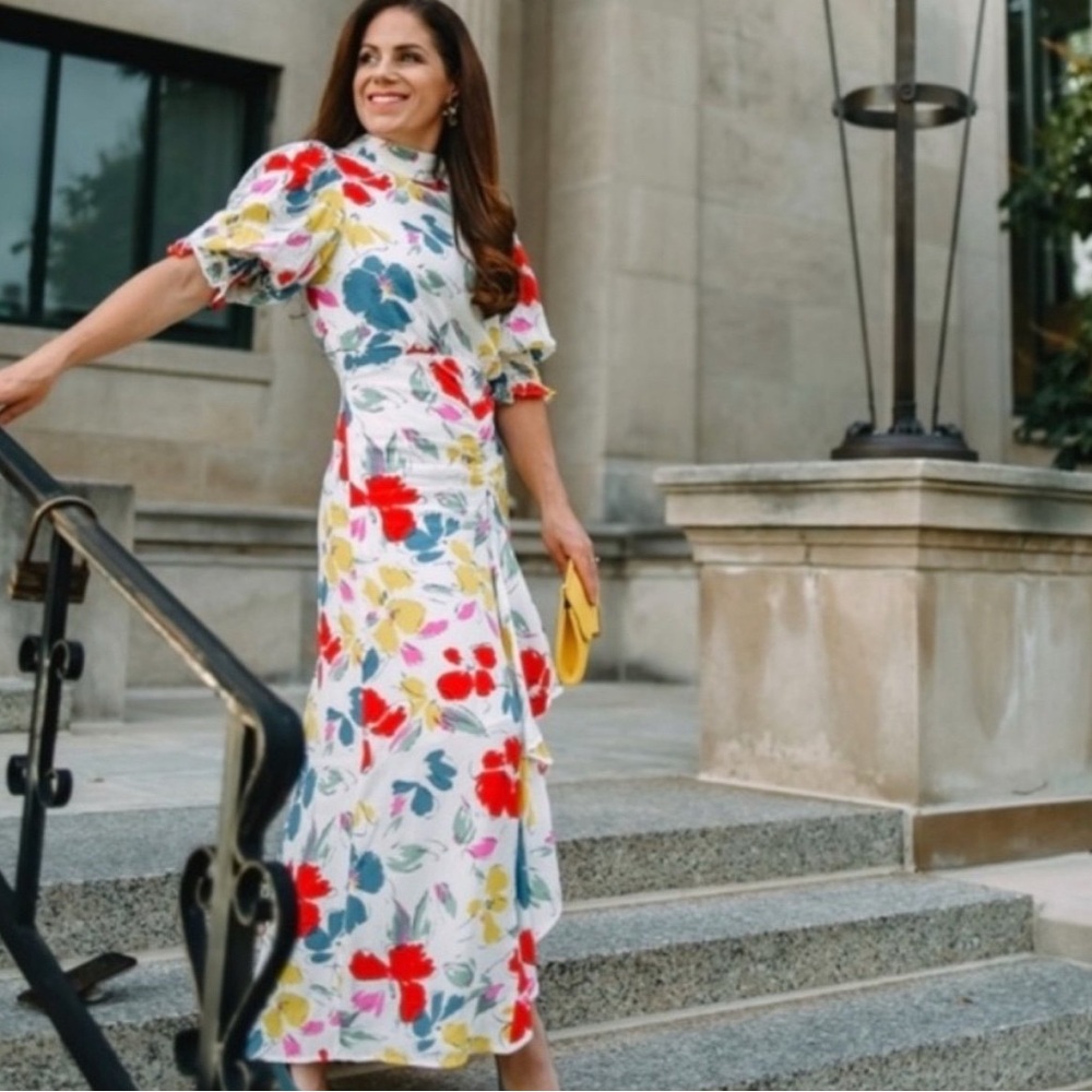 Rixo Floral Mock Neck Cascade Ruffle Plus Size Midi Dress Multicolor Sz 16